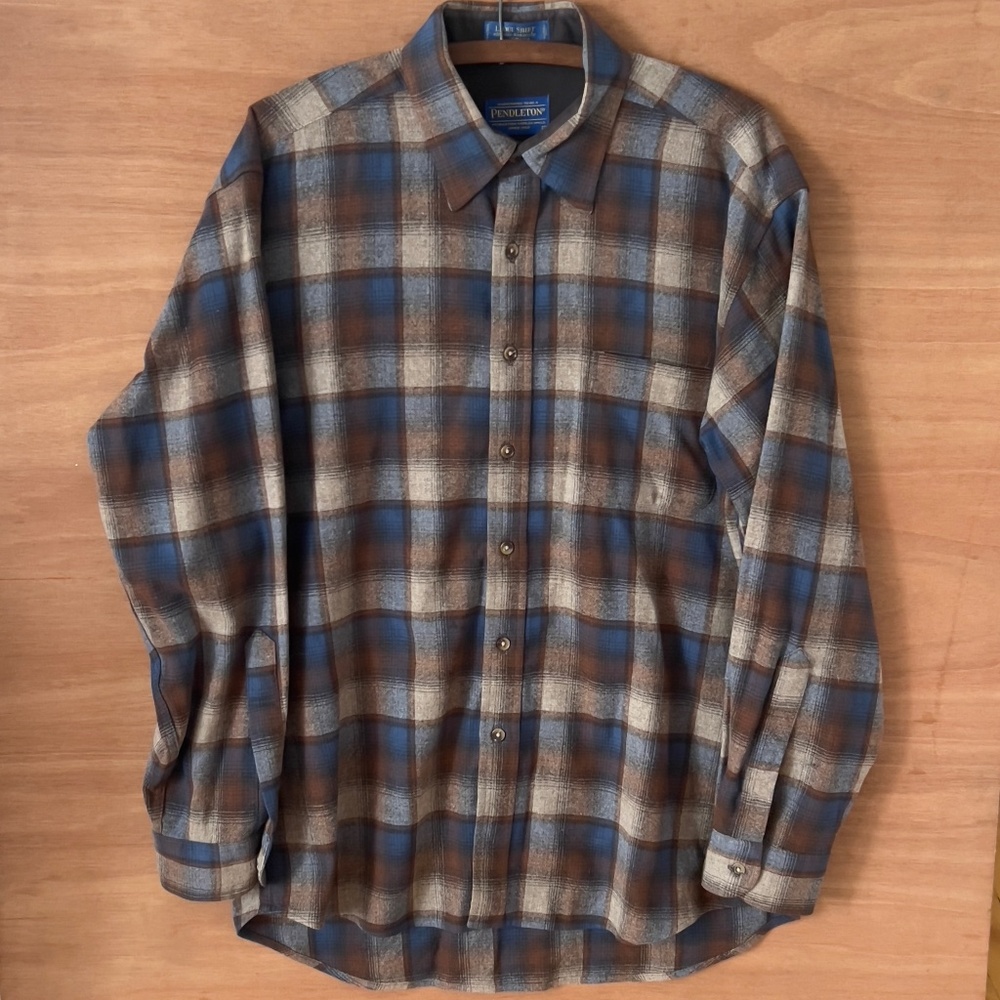 Pendleton wool  flanel plaid Lodge Shirt men's L large brown blue tan button up